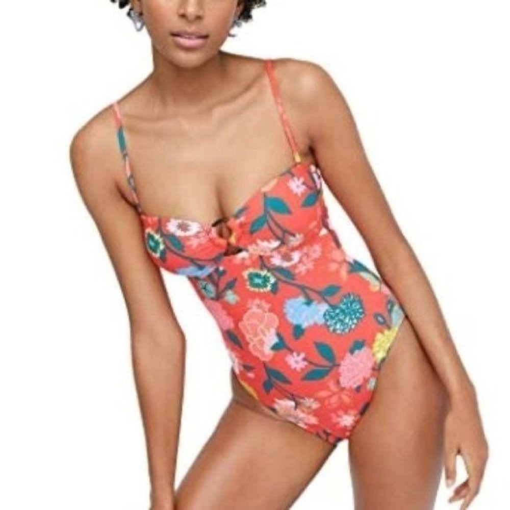 J CREW BANDEAU RING REMOVABLE STRAP ONE PIECE HIGH CUT BRIGHT FLORAL SWIMSUIT 8